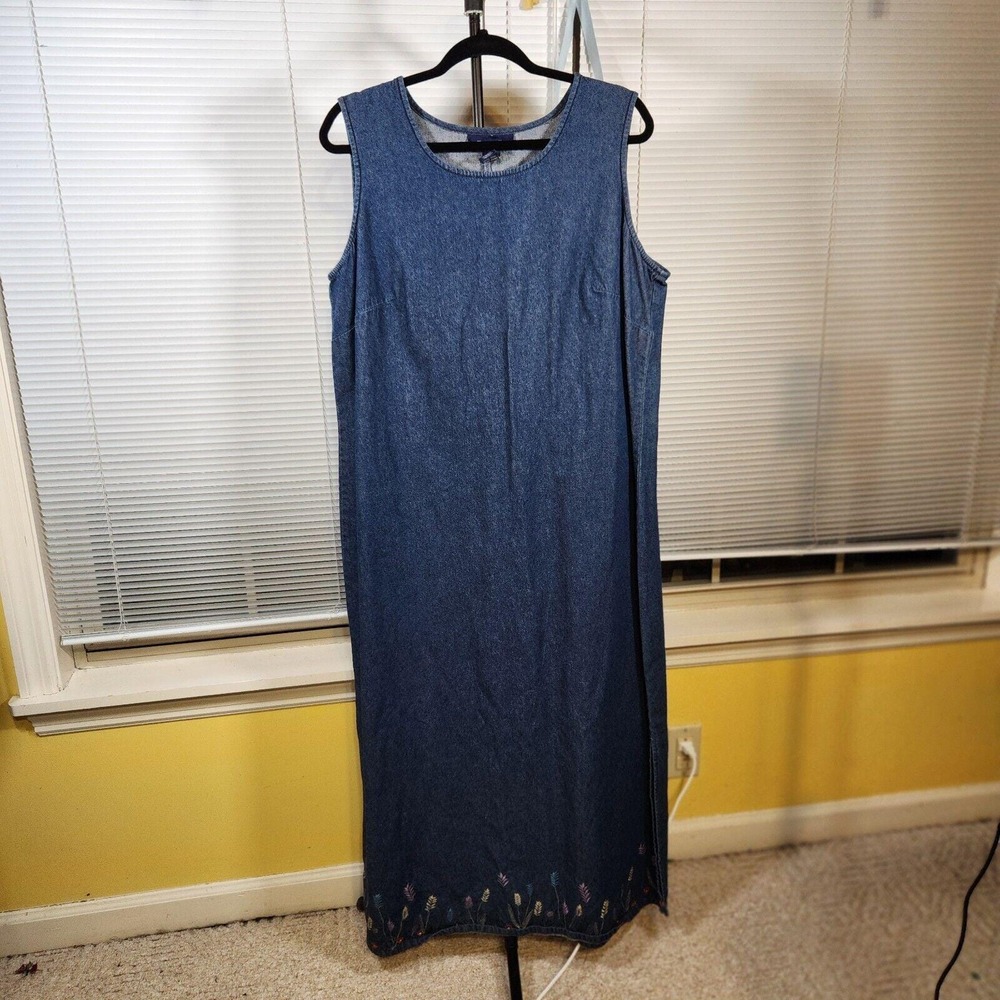 Vintage 90s Denim & Co. 1X Blue Cotton Chambray Dress Floral Embroidered Hem